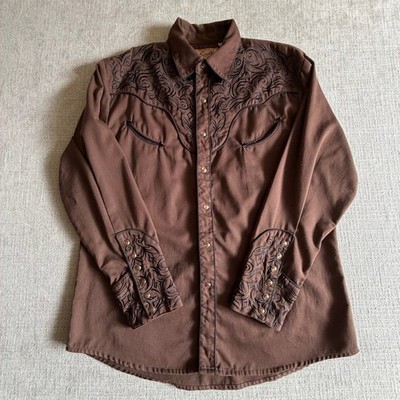 Scully Men's Scroll Embroidered Brown Button Down pearl snap Shirt Large