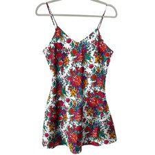 Vibrant Retro Floral Print Mini Slip Dress Chemise Nightie Spaghetti Straps