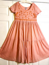 Vintage FADS Womens Sz Large Full Peach Embroidered Boho Cottage Coastal Dress