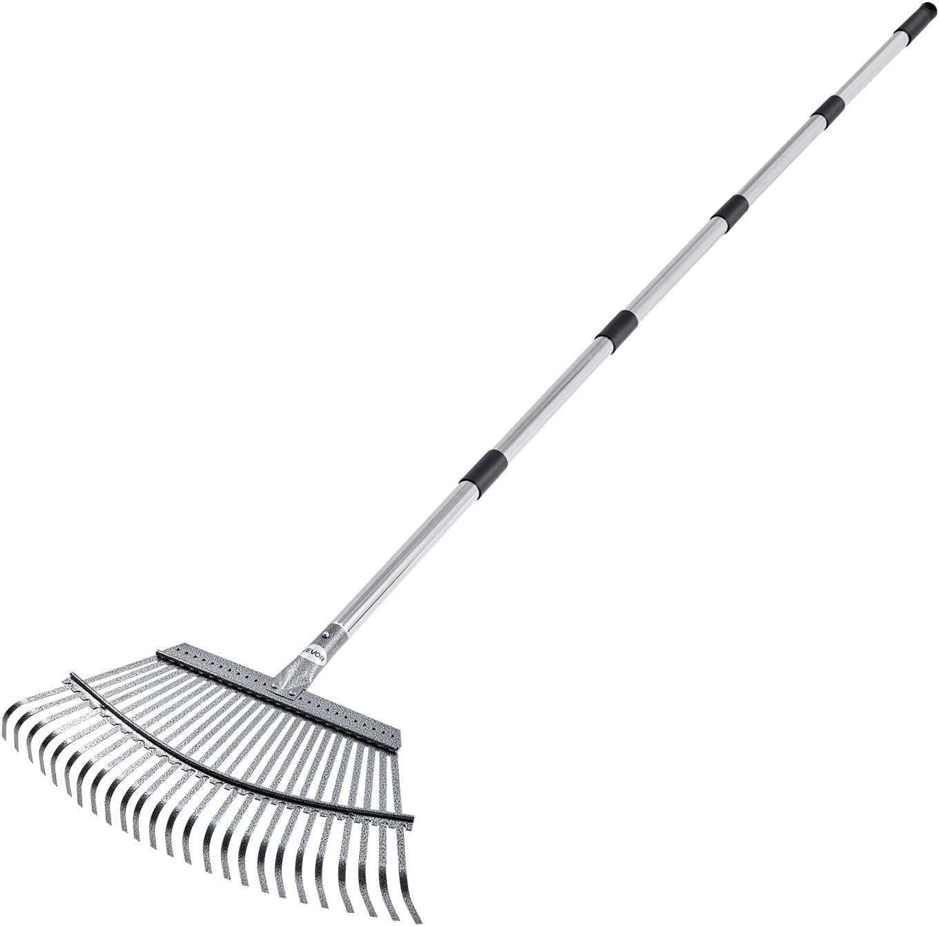 Leaf Rake, 25 Metal Tines, Adjustable Garden Rake for Lawns with 18.3 Inch Wide