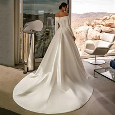 Simple Satin Wedding Dress Customized Dresses Elegant Boat Neck Long Sleeveless