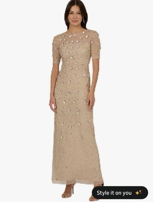 Adrianna Papell Women's Biscotti Beaded Long Evening Gown Size 12P