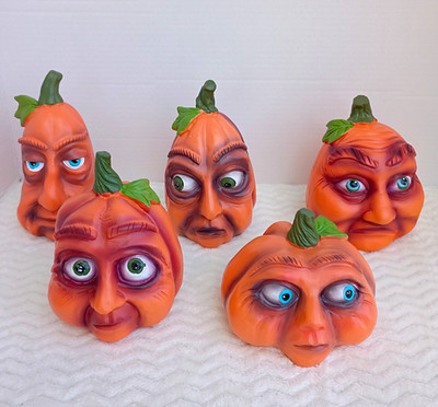 Halloween expressive Pumpkin Face Figures lot of 5 resin 3D Orange 