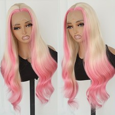 Long Wavy Pink Mixed Ombre Platinum Blonde Color Hair Lace Front Wig Pre Plucked