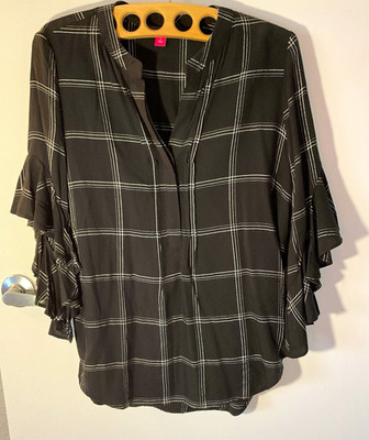 Vince Camuto Women s S Black White Plaid V-Neck 3/4 Ruffle Sleeve Blouse
