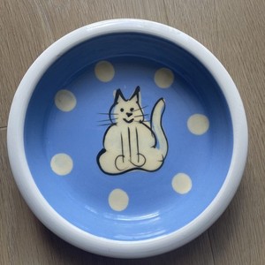 Blue & White Yellow Polkadot Cat Ceramic Bowl 6” Unknown Signature