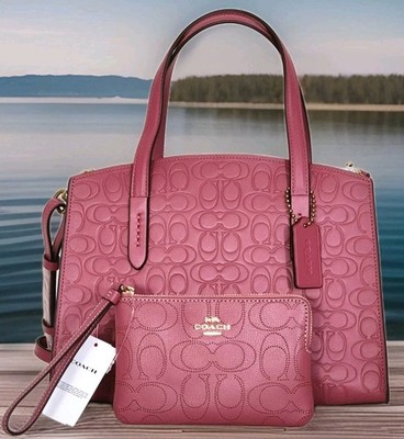  COACH CHARILE 28 ROUGE PINK LEATHER SIGNATURE C SATCHEL BAG &/or Wallet NWT!