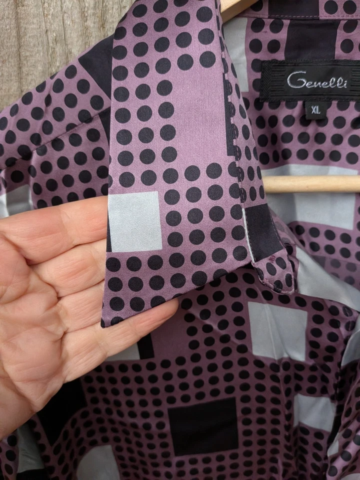 Camisa De Colección Genelli Seda Satén Geométrica Púrpura Negra XL Lunares HERMOSA Foto 4 de 4