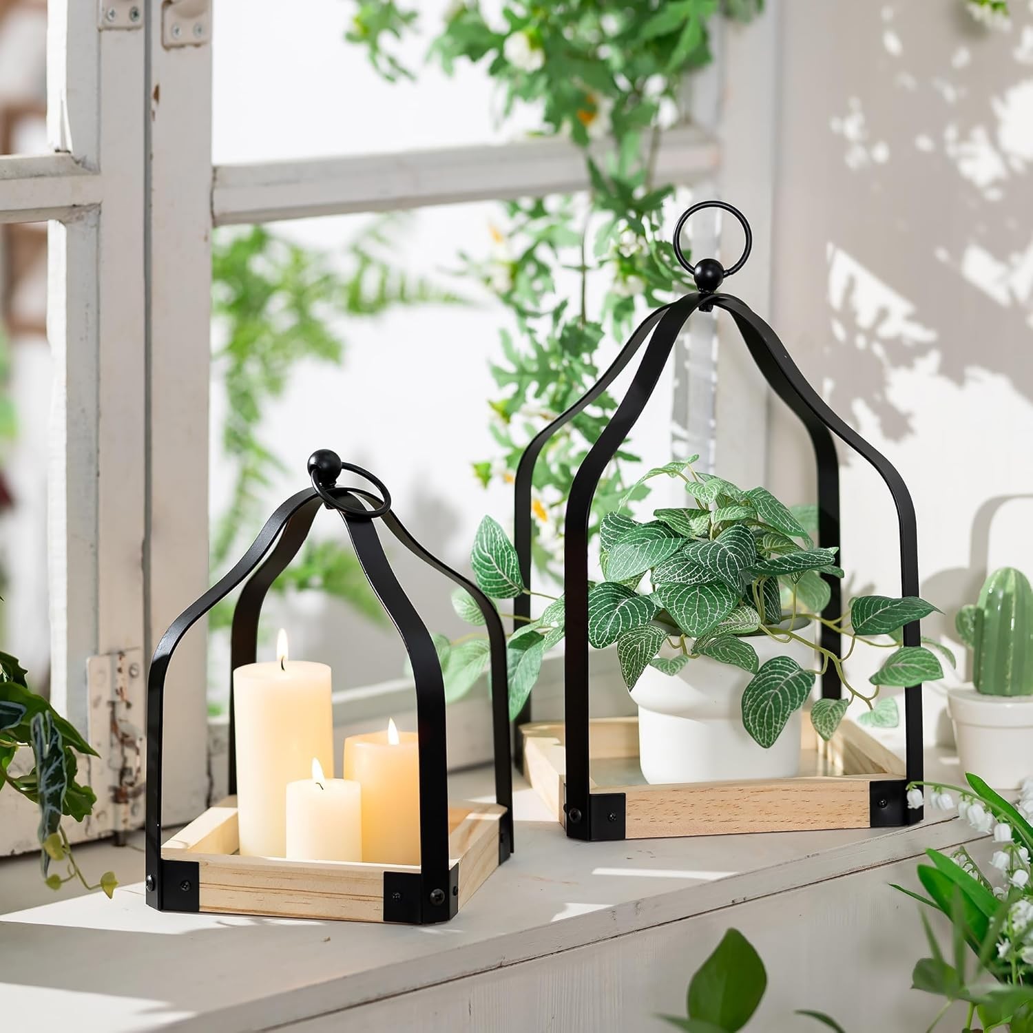  Farmhouse Candle Lantern Decorative: Set of 2 Rustic Wood Candle Holder for 