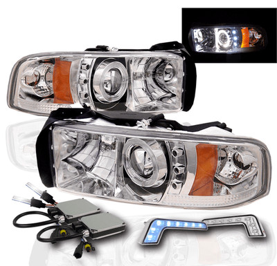 FOR 1994-2001 RAM TRUCK CHROME PROJECTOR HALO HEADLIGHT+BLUE LED DRL+6000K HID