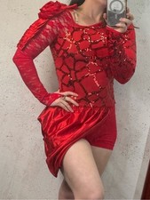 Weissman Red Sequin Lace Sleeve Competition Dance Costume Asymmetrical