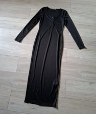 PrettyLittleThing Black Ribbed Stretch Midi Dress Long Sleeves Casual Boho UK10