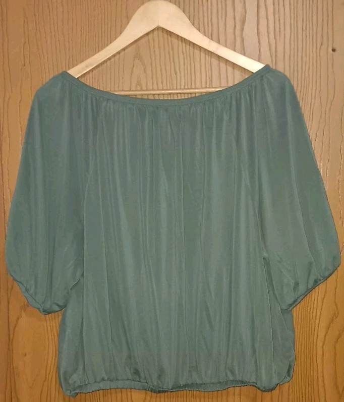 Lucky Brand Vneck Puffed Sleeves Blouse Womens Size XL Sage Green Elastic Waist