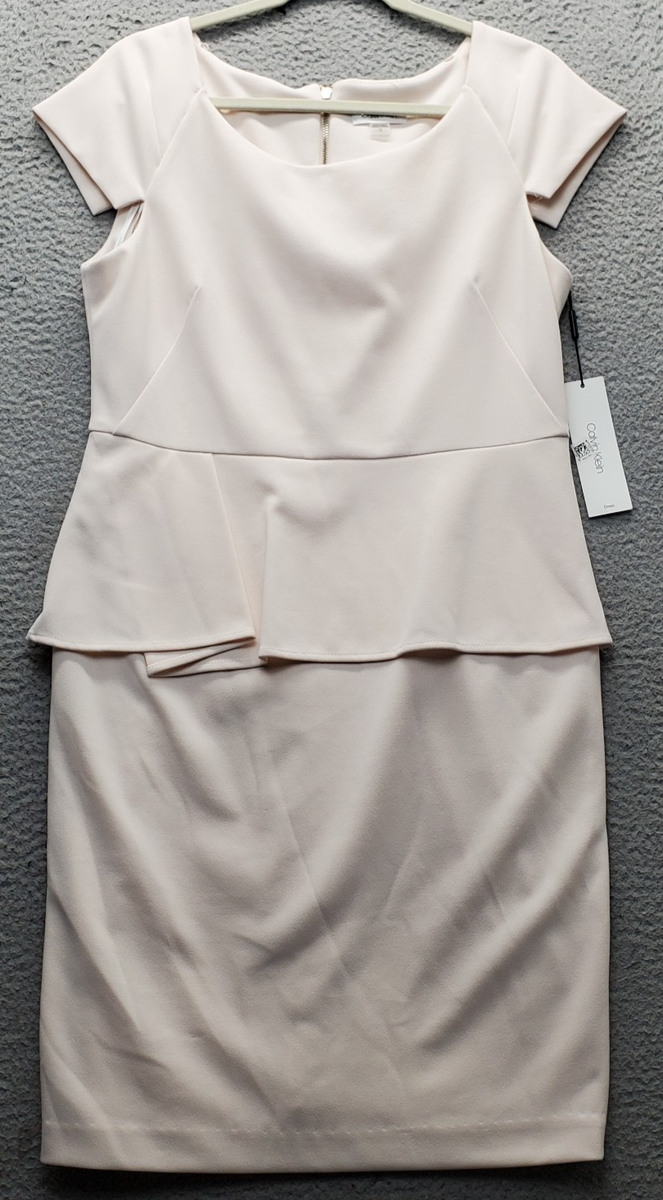 Calvin Klein Peplum Shift Dress Womens 12 Pink Lined Stretch Cap Sleeve  Back Zip