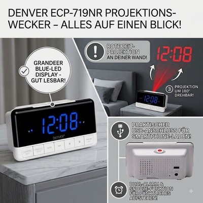 DENVER Projection Radio Wecker ECP-719NR mit USB zum Laden des Smartphone Neu