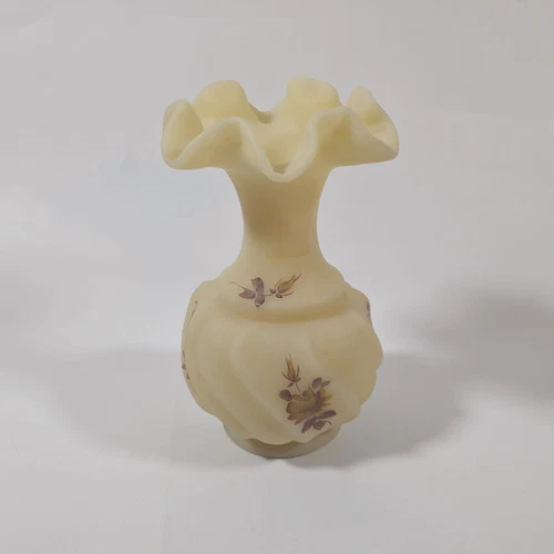 Vintage Fenton Custard Satin Hand Painted Flowers 6" Vase Signed