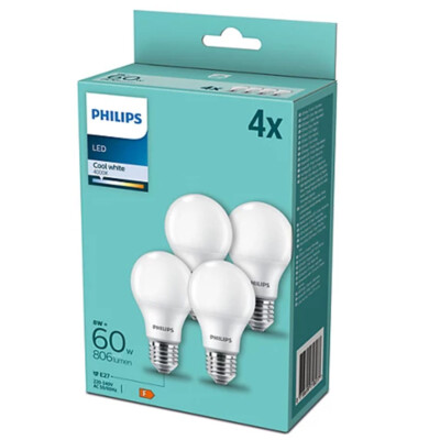 4er-Sparpack PHILIPS E27 LED Glühbirnen opalweiss gefrostet 9W wie 60W 4000K