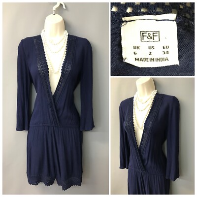 F&F Navy Laced Plunge Neck Boho Summer Wrap Playsuit UK