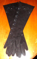 VINTAGE 1930s 40s ART DECO ERA BLACK SUEDE GLOVES BEADED SEED PEARLS Sz 7 UNWORN