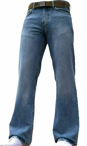 Enzo Mens Bootcut Jeans Wide Leg Blue 