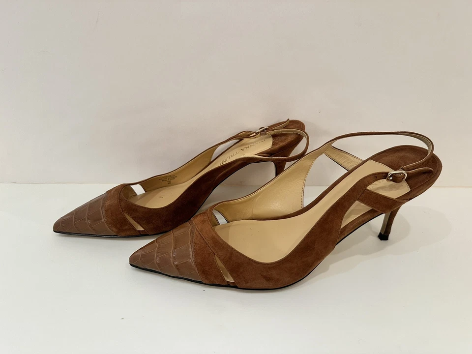 Bomba Ivanka Trump Castaño Marrón Gamuza Eslinga Trasera con Puntera Imitación Cuero Cocodrilo Foto 2 de 4