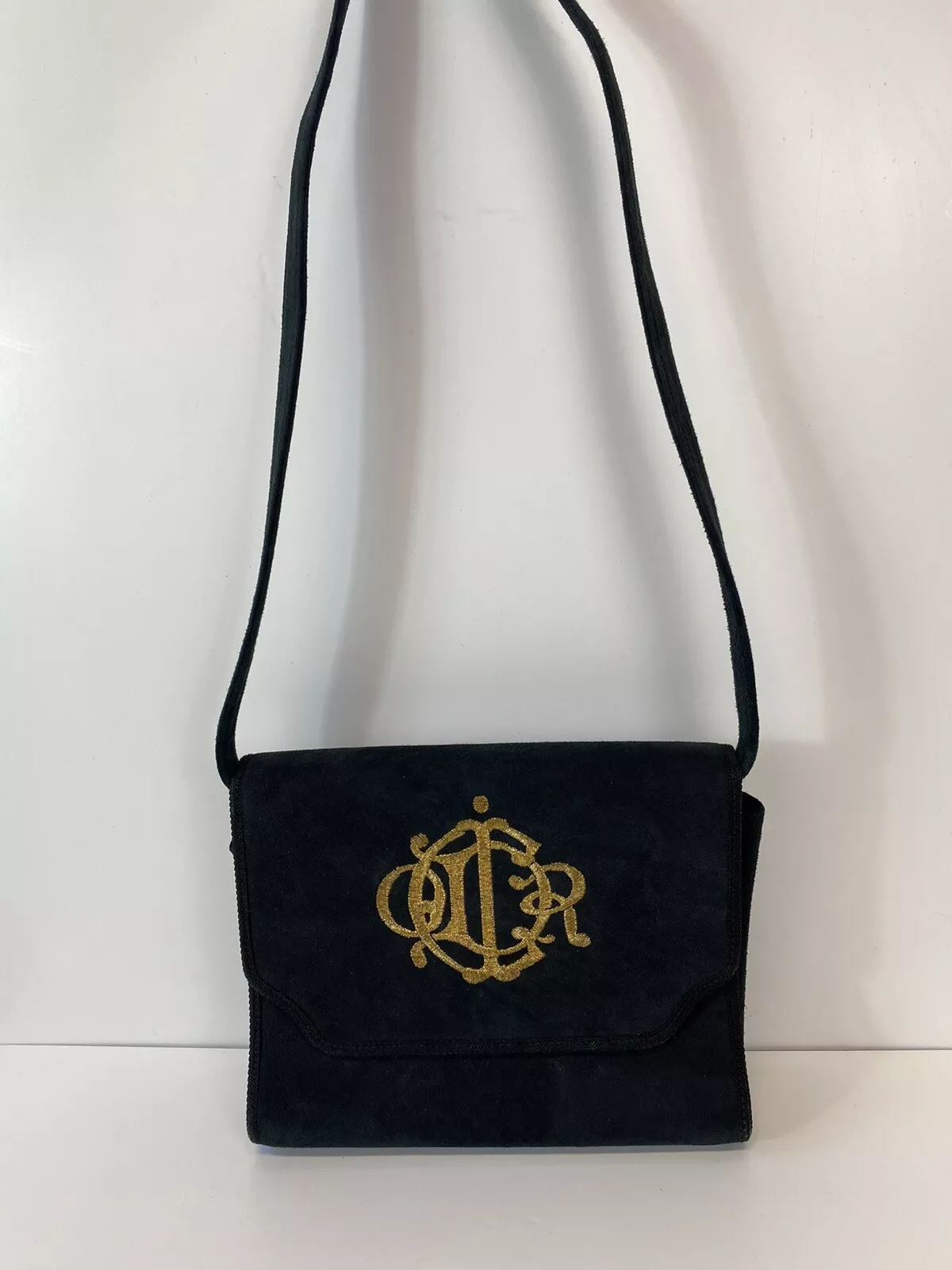 Sac logo vintage Christian Dior années 80 brodé en daim noir pochette