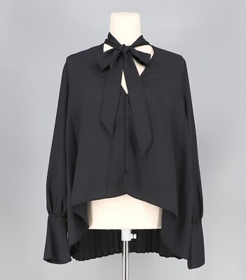MISHA NONOO Cecile Blouse Tie Neck Pleated Back High Low Black Size S