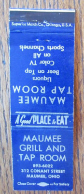 MAUMEE, OHIO MATCHBOOK COVER: MAUMEE GRILL & TAP ROOM 1960s MATCHCOVER -D