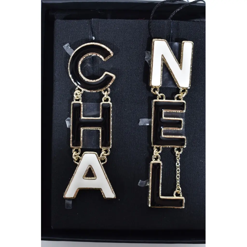 Chanel 22A Black White Gold CHA NEL Letter XL Logo Large Dangle