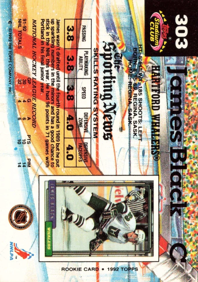 1992-93 Topps Stadium Club #303 James Black Hartford Whalers NHL Hockey Card - Image 2 of 2
