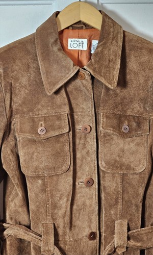 VTG Y2K Ann Taylor Loft Suede Jacket Size M Carmel Brown Pockets Belt Coastal - Picture 6 of 24