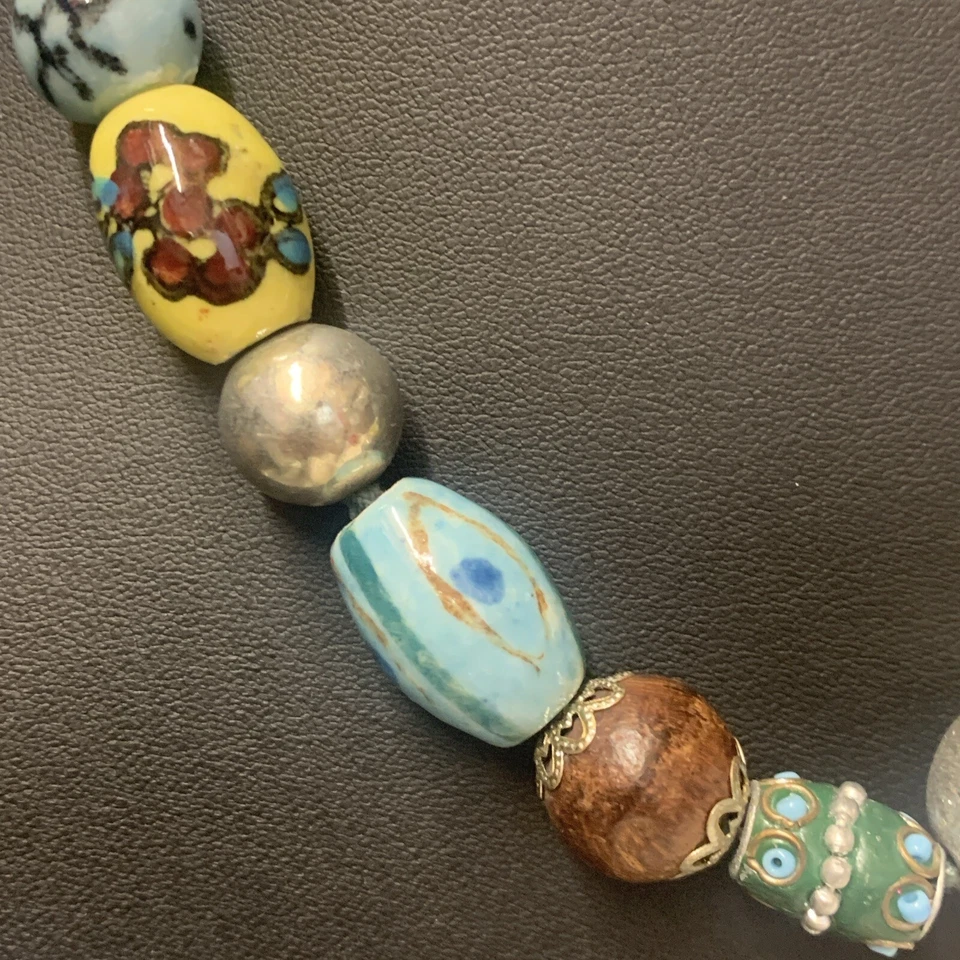 beautiful Bohemian Silver Blue Green Ceramic, Wood Beaded Necklace Adjustable - Image 2 of 4