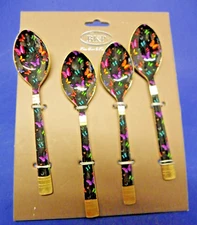 BKP Fine Tableware 4 Teaspoons Enamel on Silver Metal Black/Gold w/Butterflies