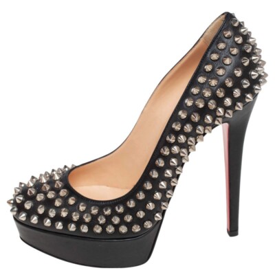 New Christian Louboutin Spike Heels Black Leather Silver Platform