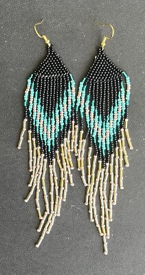 Boho Native Style Golden Black Turquoise Seed Bead Beaded Earrings Fringe Tassel