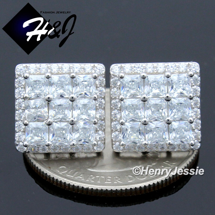 MEN 925 STERLING SILVER SQUARE 12MM ICY BLING CZ SCREW BACK STUD