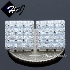 MEN SOLID 925 STERLING SILVER 12MM ICY CZ SQUARE 3D SCREW BACK STUD EARRING*E205