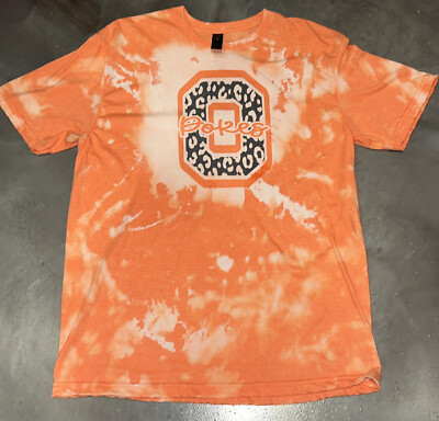 OSU COWBOY POKES Leopard Print. Acid Wash Bleach T-SHIRT, SIZE LARGE, Gildan