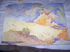 Original Watercolor By Peg Humphreys, rolling hills in front of distant hills 22
