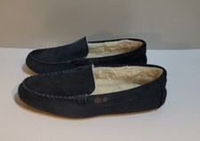 Lands End Womens Size 10 Blue Suede Leather Moccasin Slippers snowflakes
