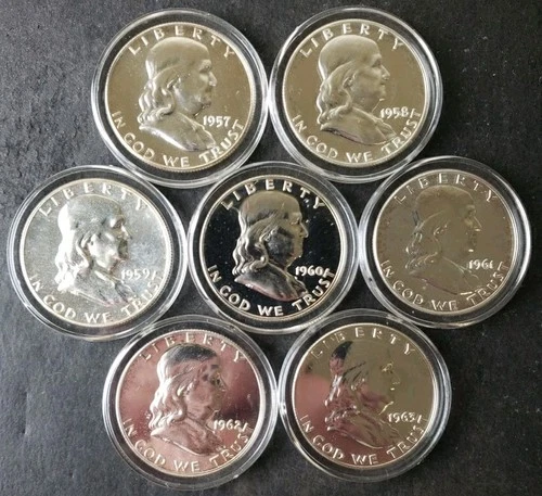 Lot of Seven Proof 50c Franklin Silver Half Dollars in Capsules