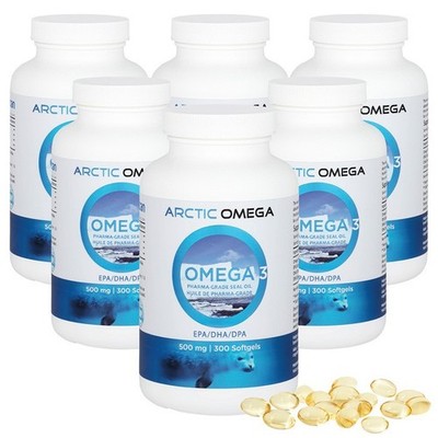 6-Pack! Arctic Omega 3 500mg - Triplex EPA, DHA, DPA - 300 Softgels per Bottle