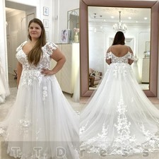 Plus Size Wedding Dress Short Sleeves Lace Appliques Cathedral Train Bridal Gown