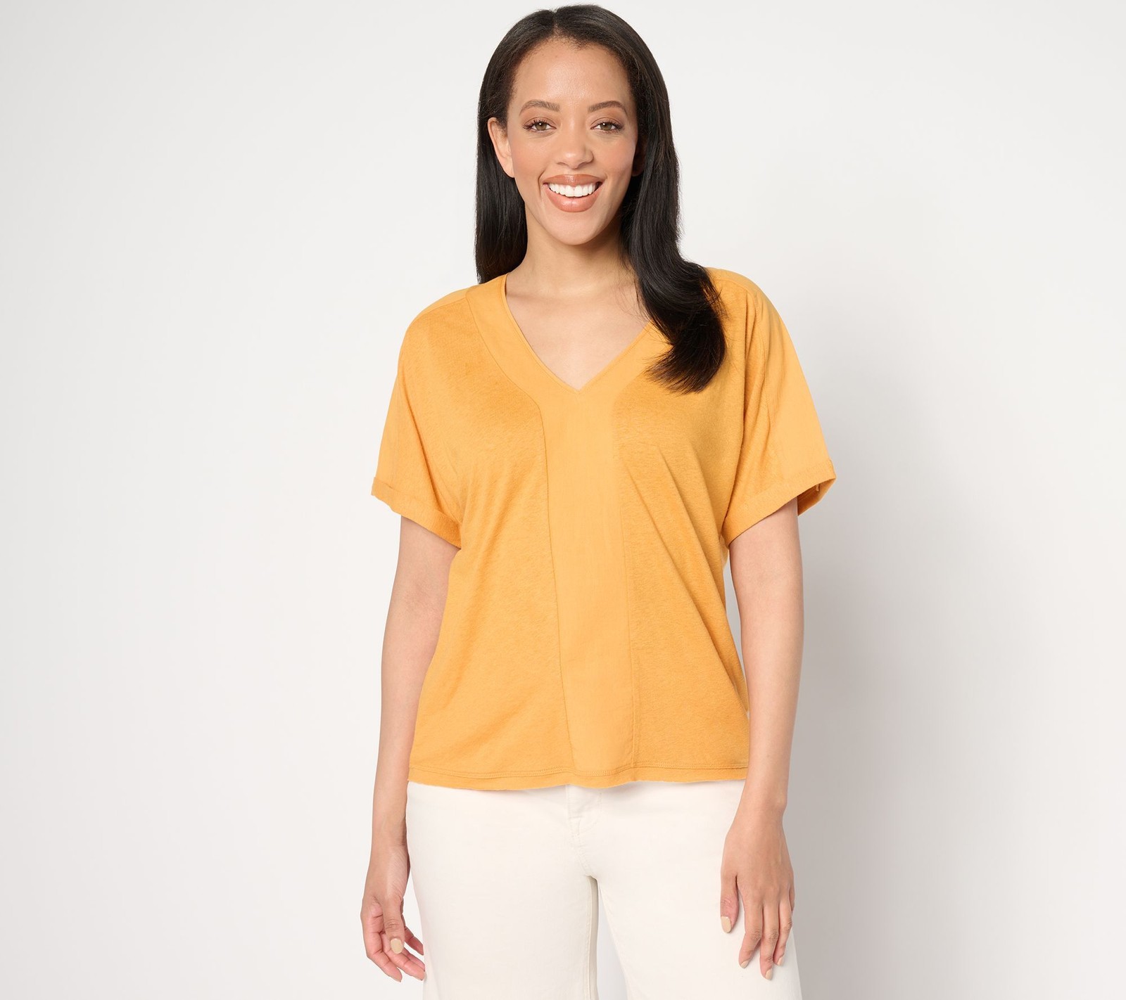 Peace Love World Women's Top Plus Sz 2X Boheme Mixed Media V-Neck Orange A648039