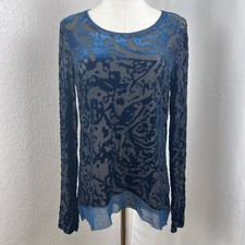 Y2K Fairy Velvet Burnout Top Womens Medium Blue Sheer Mesh Floral Whimsigoth