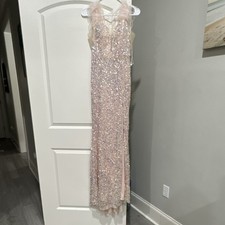 Pink Sequin Mesh Gown with Feather Straps, V-Neck, Side Slit, Sleeveless, Long