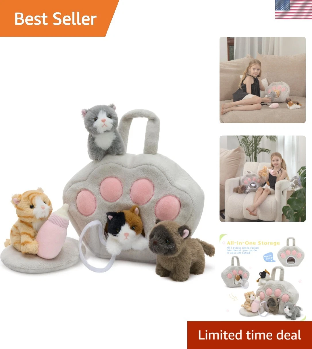 7-Piece Interactive Cat Stuffed Animal Set - Portable Plush Carrier for Kids