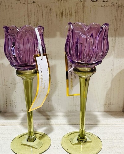💜NWT Cupcakes & Cashmere Purple Glass Tulip Tea Light Set