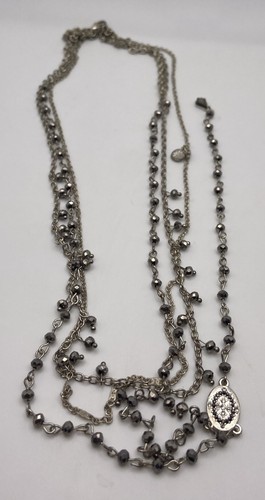 3 Strand Layered Silver Tone Elaborate Rhinestone Oval Y Drop Pendant Necklace - Picture 6 of 12