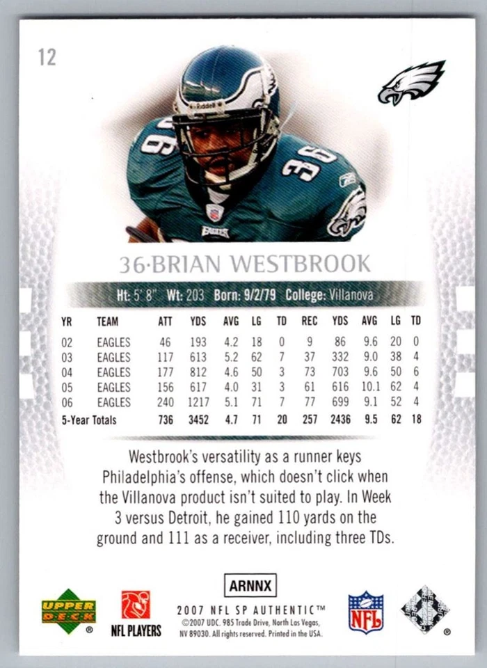 2007 SP Authentic Brian Westbrook Philadelphia Eagles #12 - Image 2 of 2